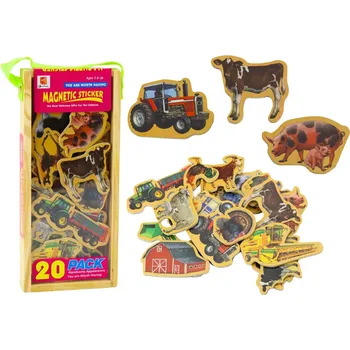 Dřevěná hračka Dřevěné magnetky farma – zvířata a zemědělské stroje, 20 ks