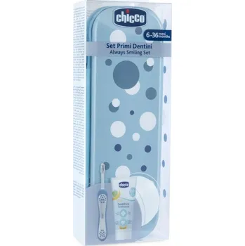 Zubní kartáček CHICCO Set zubní kartáček a pasta v pouzdře Always smiling - light blue, 6m+