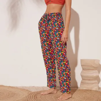 Dámské kalhoty Rovné kreponové kalhoty s potiskem vícebarevná 50