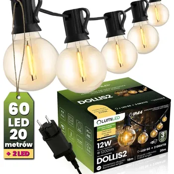 Dekorativní svítidlo Girlanda zahradní externí Světelný řetěz 20m 60x LED + 2 žárovky 12W Teplá 2700K DOLLIS2 LUMILED