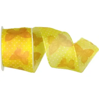 Stuha Stuha organzová BUTTERFLY JOY - YELLOW žlutá 40mm x 2m (13,-Kč/m) (Průhledná, oboustranná, s drátkem v lemu)