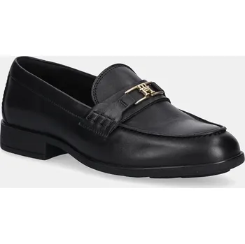Dámské mokasíny Kožené mokasíny Tommy Hilfiger TH LOGO LEATHER LOAFER dámské, černá barva, na plochém podpatku, FW0FW08705 99X, EUR 40