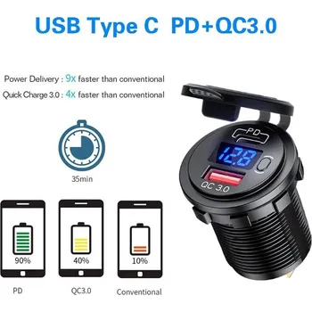 USB nabíječka QC3.0 + USB-C digitální voltmetr do panelu - červená