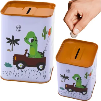 Pokladnička Kovová pokladnička – Dinosaurus v autě, bílá