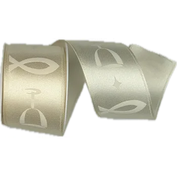 Stuha Stuha saténová „Víra & Naděje“ – kalich a ryba, smetanová 40mm x 2 m (17,-Kč/m) (Dekorační stuha s křesťanskými symboly – kalich a ryba, barva smetanová, jednostranný plastický potisk)