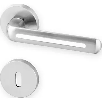 Dveřní kování AC-T SERVIS Dveřní klika LINIA nerez/bílá - kulatá rozeta Mechanizmus rozety: Kovová konstrukce, Provedení kliky: vč. rozety BB - obyčejný klíč