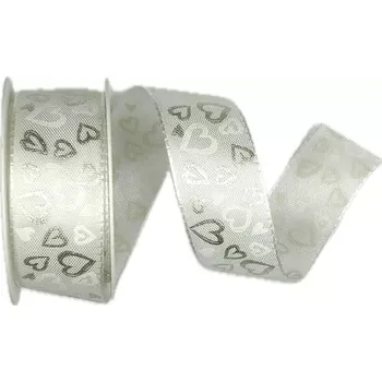 Stuha Stuha svatební SILVER HEARTS bílá 25mm x 2m (14,-Kč/m) (Svatební stuha bílá, taftová, jednostranný potisk stříbrná srdce)