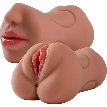 Oboustranný masturbátor pro muže 3v1 s umělou vagínou, análem a orálem - černoška