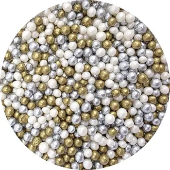Jedlá dekorace na dort Cukrovo-rýžové perly mix stříbrno-bílo-zlaté 5mm 80g - I LOVE CAKES