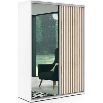 Šatní skříň Šatní skříň se zrcadlem Kair 150 cm, v bílé matné barvě, lamely-kraft zlatý