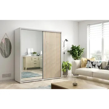 Šatní skříň Šatní skříň se zrcadlem Kair 200 cm, v bílé matné barvě, lamely-kraft zlatý