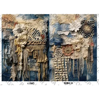 Umělecký papír Rýžový a soft papír na decoupage - Riflová koláž, vintage - KB03587 Materiál: Soft, Rozměr: A4