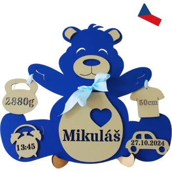 JH WoodArt Pamětní dřevěný medvídek – originální dárek pro novorozence (K narození miminka)