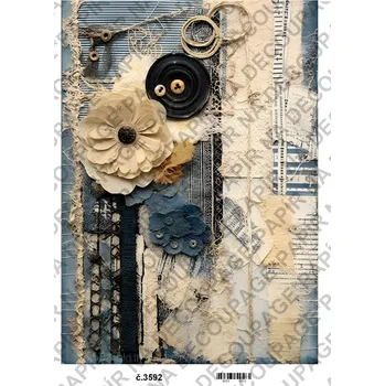 Umělecký papír Rýžový a soft papír na decoupage - Riflová koláž, vintage - KB03592 Materiál: Soft, Rozměr: A4