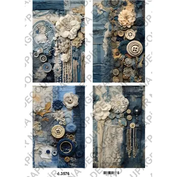 Umělecký papír Rýžový a soft papír na decoupage - Riflová koláž, vintage - KB03576 Materiál: Soft, Rozměr: A4