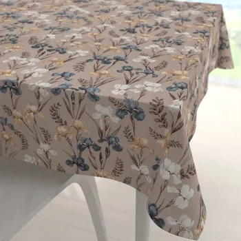 ubrus Bavlněný čtvercový ubrus Sandra SA-637 Modro-béžovo-bílé kosatce na šedobéžovém 40x40 cm