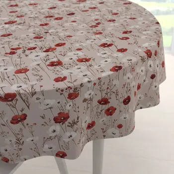 ubrus Bavlněný kulatý ubrus Sandra SA-631 Červeno-bílé vlčí máky na šedobéžovém Ø 60 cm
