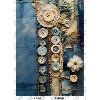 Umělecký papír Rýžový a soft papír na decoupage - Riflová koláž, vintage - KB03590 Materiál: Rýžový papír, Rozměr: A4