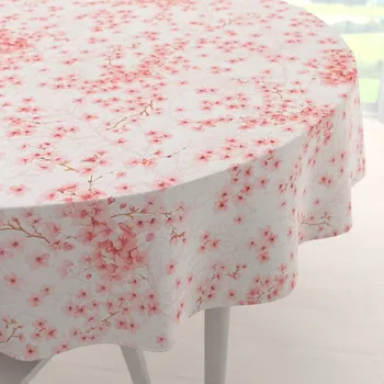 ubrus Bavlněný kulatý ubrus Sandra SA-633 Růžové třešňové květy na bílém Ø 60 cm