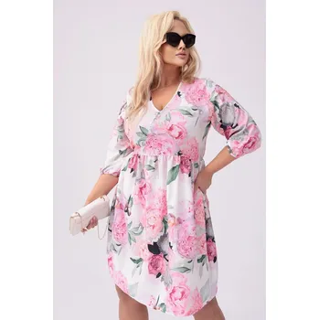 Dámské šaty Růžové květované šaty Moon s V výstřihem a 3/4 rukávy, odstíny růžové XXL (44) i392_24043-48