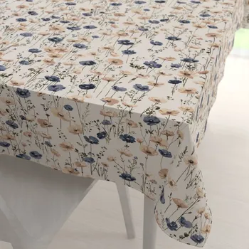 ubrus Bavlněný obdélníkový ubrus Sandra SA-630 Modro-hnědé vlčí máky na světle vanilkovém 50x100 cm