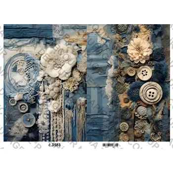 Umělecký papír Rýžový a soft papír na decoupage - Riflová koláž, vintage - KB03583 Materiál: Soft, Rozměr: A4