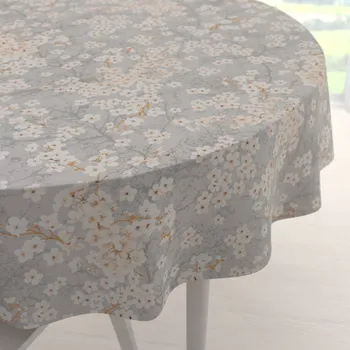 ubrus Bavlněný kulatý ubrus Sandra SA-634 Bílé třešňové květy na šedém Ø 70 cm