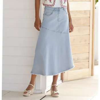 Dámská sukně Rozšířená džínová midi sukně v asymetrickém střihu sepraná modrá 36