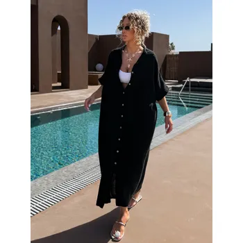 Dámské šaty Černé dlouhé mušelínové košilové maxi šaty NUKET Velikost: ONESIZE