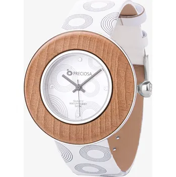 Hodinky Preciosa Hodinky Crystal Time Wood s bukovým dřevem, bílý vzorovaný řemínek