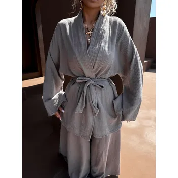 Šedohnědý mušelínový zavazovací cardigan CHANIA Velikost: ONESIZE