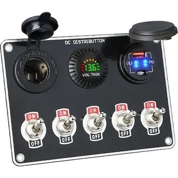 Auto elektroinstalace Panel s 5x spínači + 2x USB, Voltmetr a CL zásuvka, 12 - 24V, 47180
