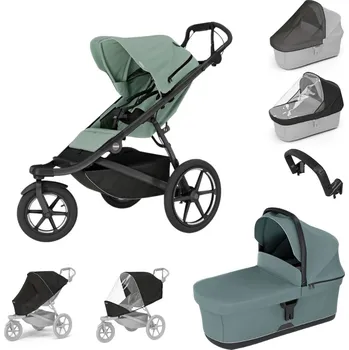 Kočárek THULE Urban Glide 3 Mist Green + korba Mid Blue + pláštěnka + moskytiéra + madlo + pláštěnka a moskytiéra na korbu