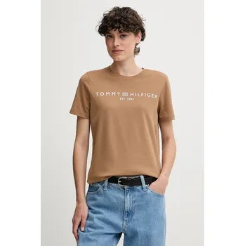Dámské tričko Bavlněné tričko Tommy Hilfiger dámské, hnědá barva, WW0WW40276 82A, vel. L