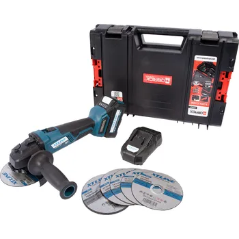 úhlová bruska XTLINE Aku úhlová bruska bezuhlíková 18 V, 125 mm + kotouče + baterie 5.0 Ah + nabíječka + box