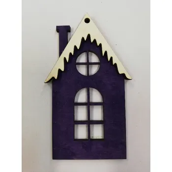 Vánoční dekorace Dřevěný výřez domeček fialový s bílou střechou