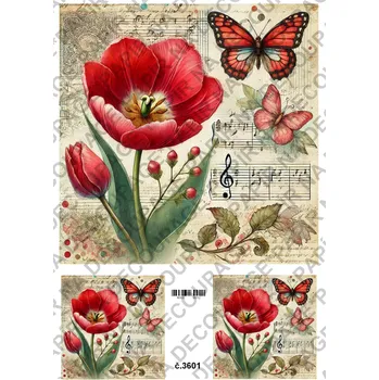 Umělecký papír Rýžový a soft papír na decoupage - Tulipán s motýlem - KB03601 Materiál: Soft, Rozměr: A4