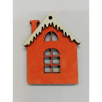 Vánoční dekorace Dřevěný výřez domeček oranžový s bílou střechou č.3