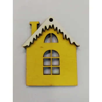 Vánoční dekorace Dřevěný výřez domeček žlutý s bílou střechou č.3