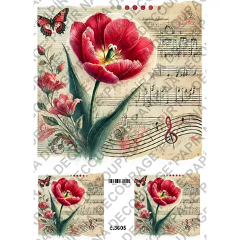 Umělecký papír Rýžový a soft papír na decoupage - Tulipán s motýlem - KB03605 Materiál: Soft, Rozměr: A4
