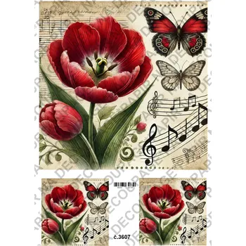 Umělecký papír Rýžový a soft papír na decoupage - Tulipán s motýlem - KB03607 Materiál: Soft, Rozměr: A4