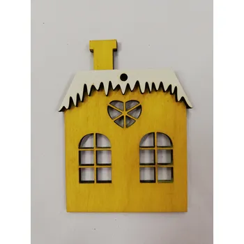 Vánoční dekorace Dřevěný výřez domeček žlutý s bílou střechou č.2
