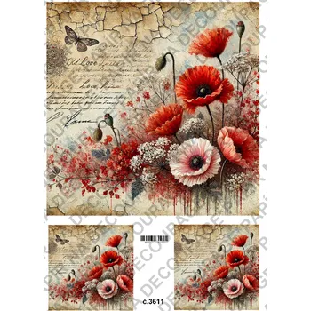 Umělecký papír Rýžový a soft papír na decoupage - Vlčí máky vintage - KB03611 Materiál: Soft, Rozměr: A4