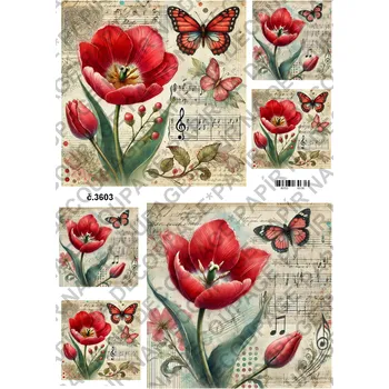 Umělecký papír Rýžový a soft papír na decoupage - Tulipán s motýlem - KB03603 Materiál: Soft, Rozměr: A4