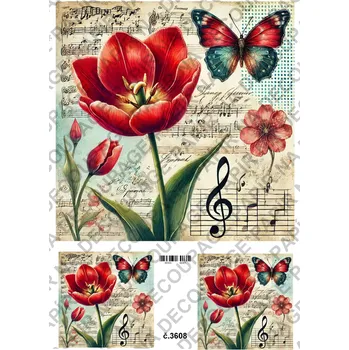 Umělecký papír Rýžový a soft papír na decoupage - Tulipán s motýlem - KB03608 Materiál: Rýžový papír, Rozměr: A4