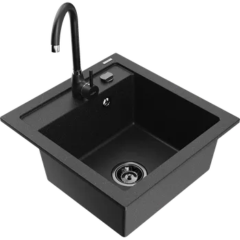 Granitový dřez Mexen Vito granitový dřez 1-komorový s kuchyňskou baterií Telma, černý/stříbrný metalik - 6503-73-670200-70-B Granitové dřezy s baterií