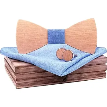 Motýlek Dřevěný motýlek Miranda s kapesníčkem a manžetovými knoflíčky