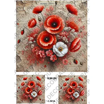 Umělecký papír Rýžový a soft papír na decoupage - Vlčí máky vintage - KB03614 Materiál: Soft, Rozměr: A4
