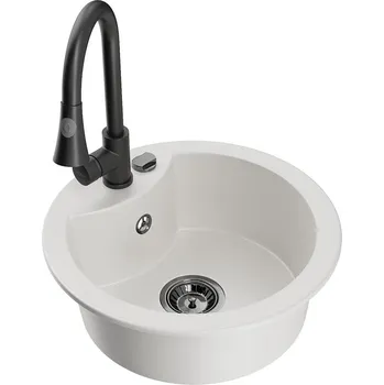 Granitový dřez Mexen Diego granitový dřez s 1 komorou a kuchyňskou baterií Elia, bílý - 6512-20-670101-70 Granitové dřezy s baterií