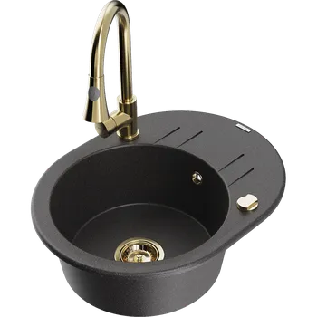 Granitový dřez Mexen Kevin granitový jednodřez s odkapávačem a kuchyňskou baterií Elia, černý skvrnitý - 6517-76-670101-50 Granitové dřezy s baterií